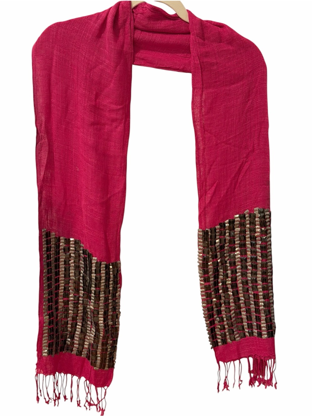 Raj Hot Pink Sequin Embellished Skinny Scarf Fringe 100% Cotton India NWT
